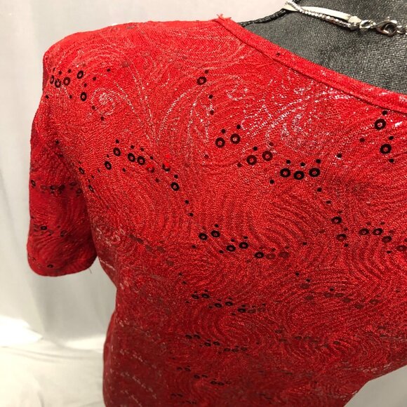 White Stag Top Womens Size Medium 8-10 Red Silver Stretch Cowl Neck Festive - Picture 5 of 7